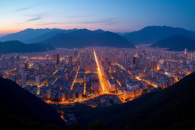 Skyline de Medellín al anochecer, reflejando el compromiso de Quilla Repair con la región