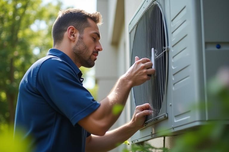 Técnico realizando limpieza y revisión a la unidad exterior de un aire acondicionado.