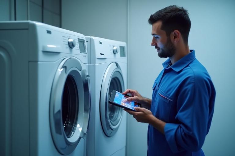 Técnico calificado realizando un diagnóstico electrónico a un electrodoméstico con herramientas avanzadas.