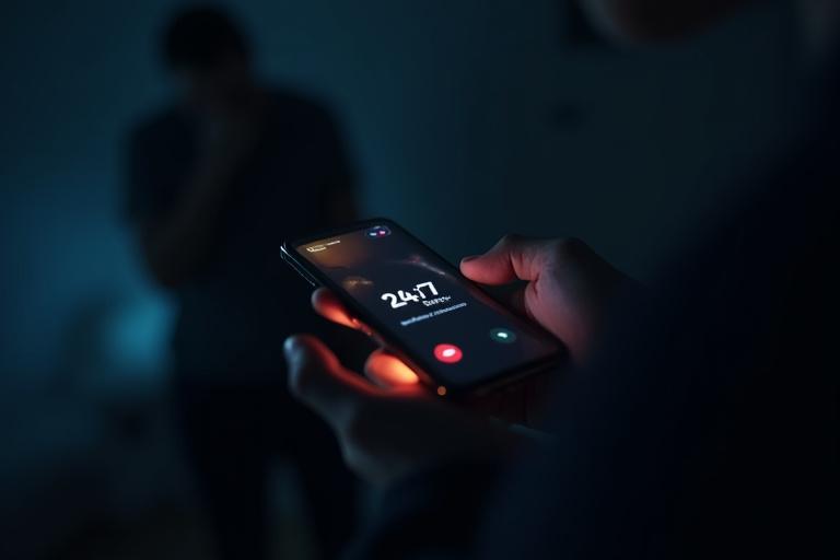 Primer plano de un teléfono inteligente mostrando una llamada de emergencia, con el icono 24/7 en el fondo borroso.