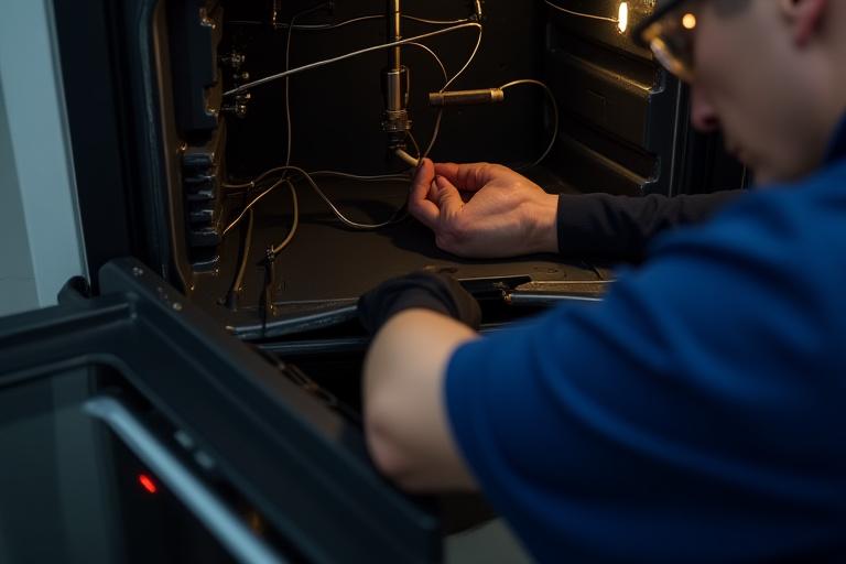 Técnico especializado examinando el interior de un horno para identificar la causa de una falla.