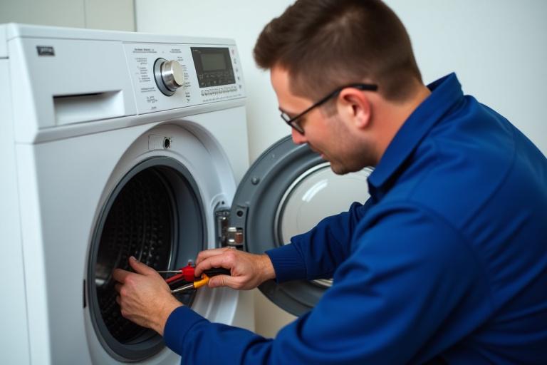 Técnico inspeccionando el panel de control de una lavadora, diagnosticando un error.